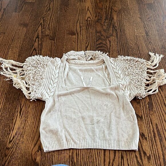 Anthropologie Fringe Sleeved Ivory Knit Blouse Top size Small - Picture 4 of 6